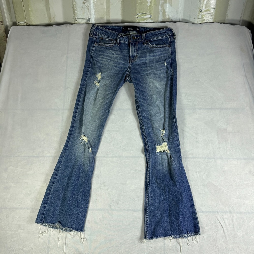 Hollister Womens Low Rise Flared Leg Jeans Blue Denim Distressed Raw Hem 5 W27